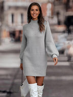 Knitted Dress Long Sleeves High Collar Elegant Mini Dress