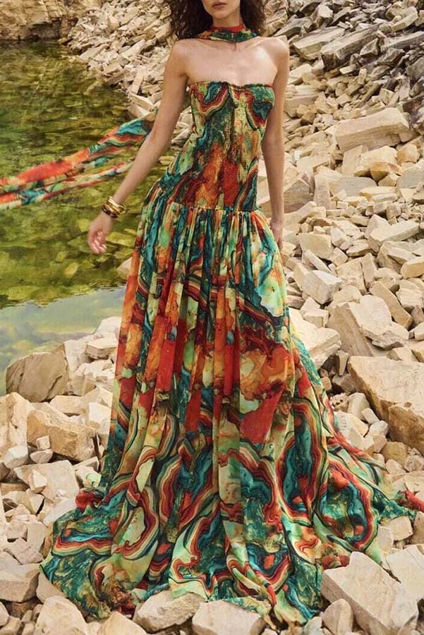 Vacay Vibes Colorful Lava Print Off Shoulder Smocked Scarf Maxi Dress