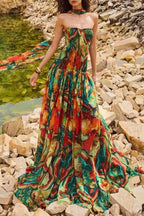 Vacay Vibes Colorful Lava Print Off Shoulder Smocked Scarf Maxi Dress