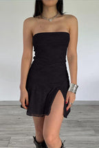 Strapless Textured Rib Knit Thigh Slit Bodycon Mini Dress