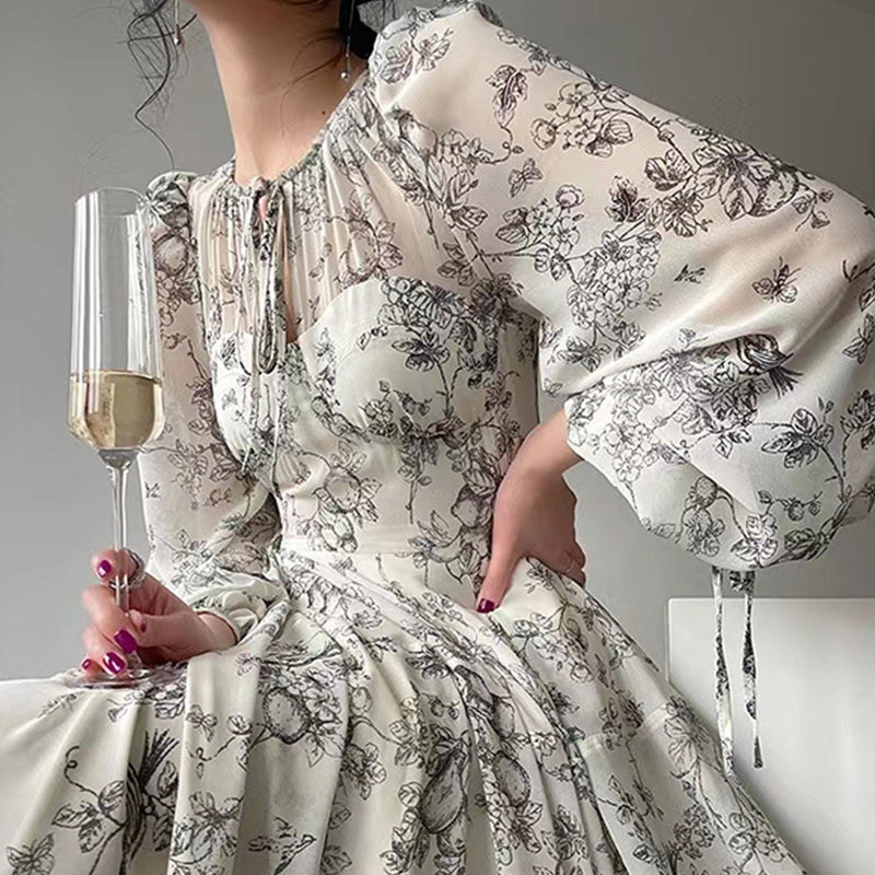 Keyhole Neck Puff Sleeve Botanical Toile Print Tiered Maxi Dress