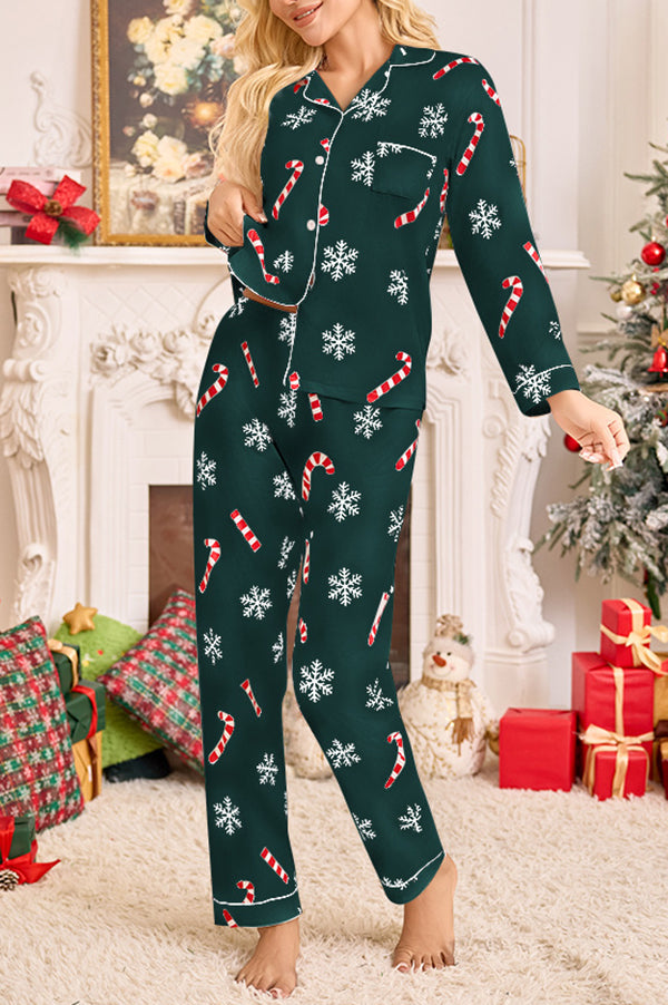 Snowflake Candy Print Casual Long-sleeved Shirt and Elastic Waist Pants Set