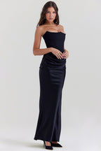 Black satin strapless gown