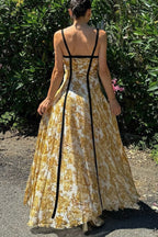 Floral Print Spaghetti Strap Contrast Trim Pleated Maxi Dress