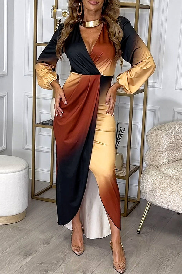 Wrap Front Deep V-Neck Puff Sleeve Draped Gradient Print High Low Slit Maxi Dress