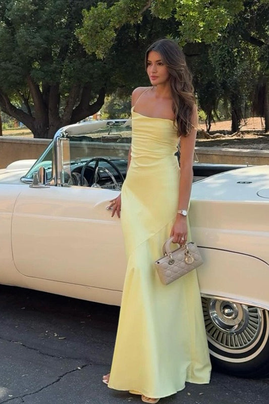 Satin Cowl Neck Spaghetti Strap Backless Slip Maxi Gown
