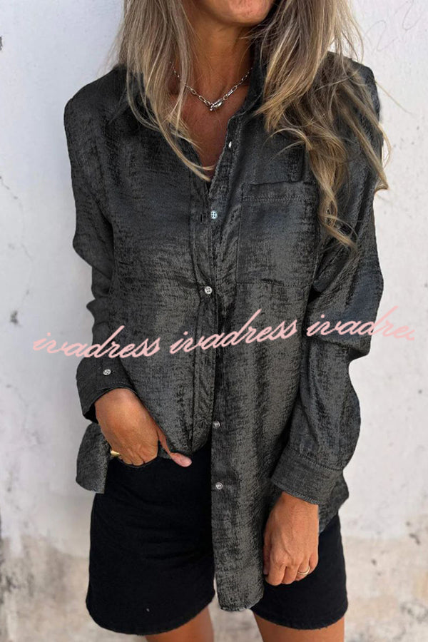First and Fabulous Metallic Fabric Button Up Long Sleeve Loose Blouse