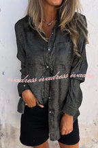 First and Fabulous Metallic Fabric Button Up Long Sleeve Loose Blouse