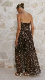 Polka Dot Strapless Ruched Maxi Dress
