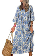 Puff Sleeve Tiered Geometric Print Boho Maxi Dress