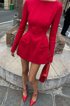 Boat Neck Long Sleeve Bow Hip Detail Structured A-Line Mini Dress