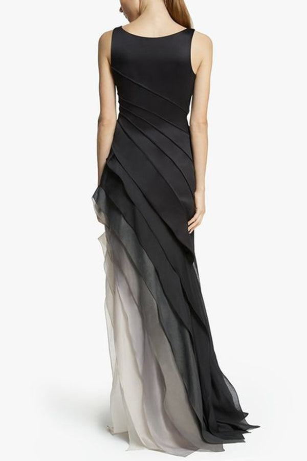 Ombre Gradient Diagonal Tiered Ruffle Column Maxi Gown