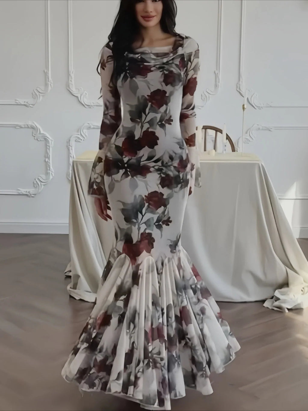 Floral Print Long Sleeve Romantic Party Dress