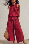Linen Blend Round Neck Sleeveless Ruffled Top and Elastic Waist Casual Pocket Wide-leg Pants Set
