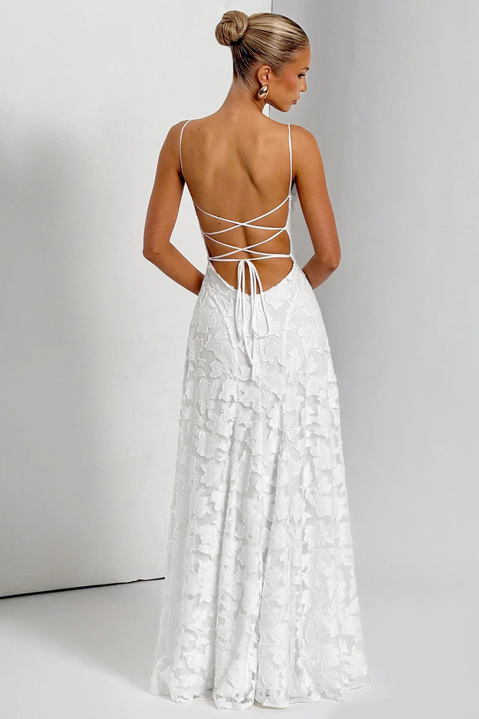 3D Floral Lace Applique Square Neck Spaghetti Strap A-Line Maxi Gown
