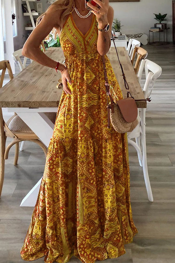 Paisley Print Deep V-Neck Spaghetti Strap Empire Waist Tiered Maxi Dress