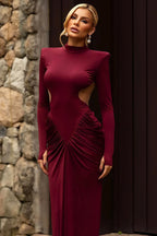 Mock Neck Padded Shoulder Cut Out Waist Ruched Maxi Dress