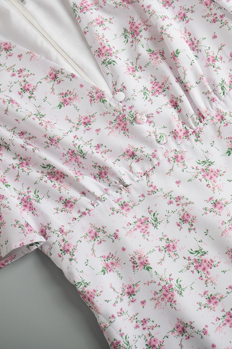 White Deep V Neck Puff Sleeve Empire Waist Button Detail Ditsy Floral Midi Dress