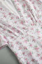 White Deep V Neck Puff Sleeve Empire Waist Button Detail Ditsy Floral Midi Dress