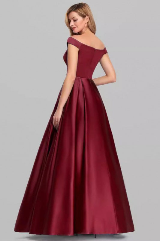 Off Shoulder Cap Sleeve Pleated Satin Ball Gown Maxi Dress