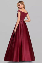Off Shoulder Cap Sleeve Pleated Satin Ball Gown Maxi Dress