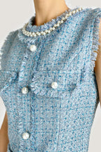 Pearl Embellished Neckline Button Front Fringe Trim Tweed Mini Dress
