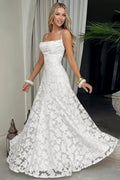 3D Floral Lace Applique Square Neck Spaghetti Strap A-Line Maxi Gown