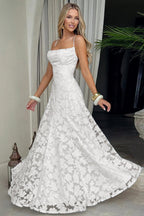3D Floral Lace Applique Square Neck Spaghetti Strap A-Line Maxi Gown