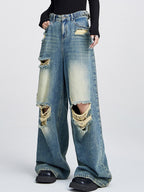 Loose high-waisted versatile straight leg Ripped Jeans