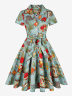 Vintage Printed Tea Dress for Women - 1950s A-Line Belted Short Sleeve Rockabilly Swing Midi Dress - Holiday Picnic 2026