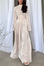 Mock Neck Long Sleeve Pleated Waistband Flowy Maxi Dress