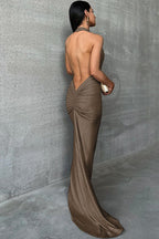 Halter Neck Plunging Cowl Neck Metallic Lurex Bodycon Maxi Dress