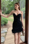 Feather Trim Glitter Corset Party Dress