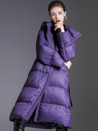 Hooded Down Coat Purple Long Puffer Winter Outerwear For Women