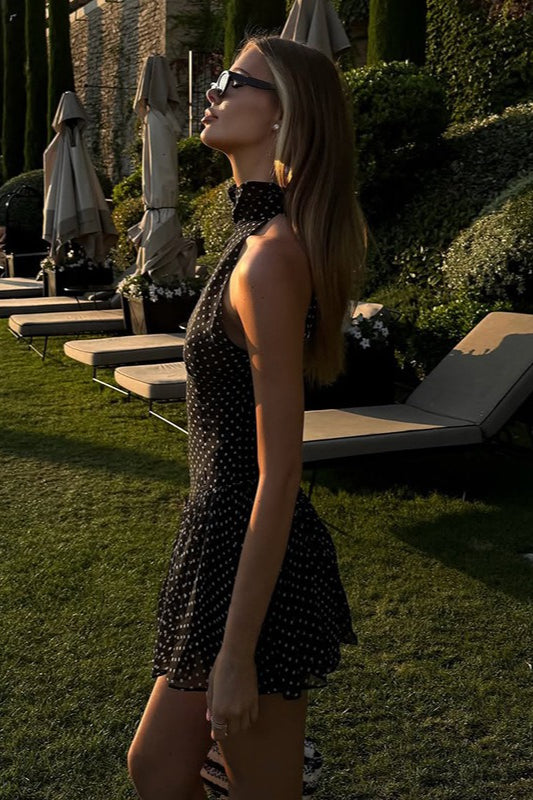 Black Halter Neck Polka Dot Ruffle Tiered Bubble Hem Mini Dress