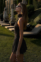 Black Halter Neck Polka Dot Ruffle Tiered Bubble Hem Mini Dress