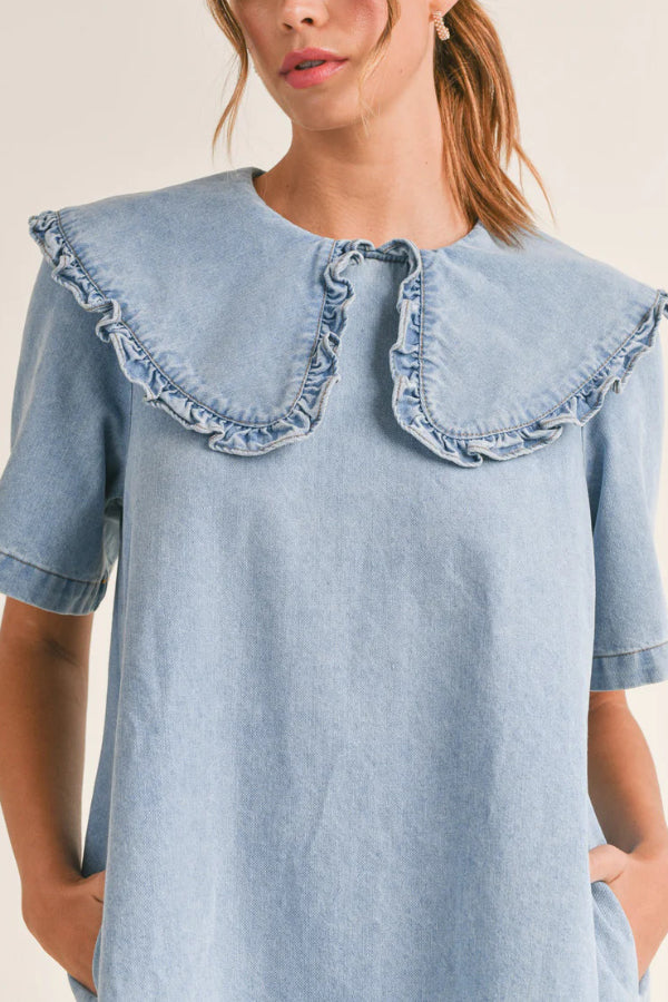 Solid Color Loose Short-sleeved Casual Ruffled Denim Mini Dress
