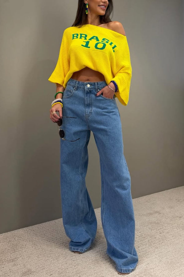 World Cup Letter Jacquard Loose-fitting Sloping Shoulders Cropped Knit Top