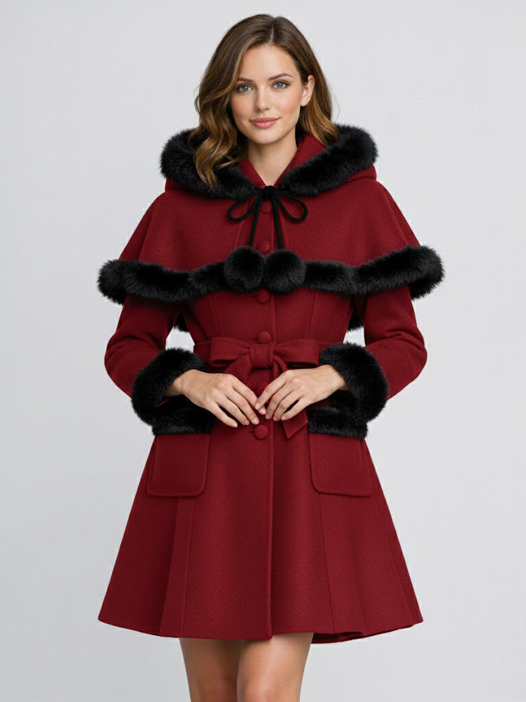 Faux Fur Trimmed Belted Wool Blend coat With Hooded Cape For Women 2026