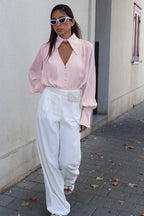 Collared Long-Sleeve Loose Elegant Blouse