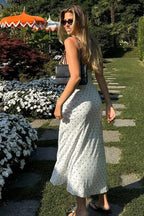 Polka Dot Lace Trim Deep V-Neck Bow Spaghetti Strap Slip Midi Dress
