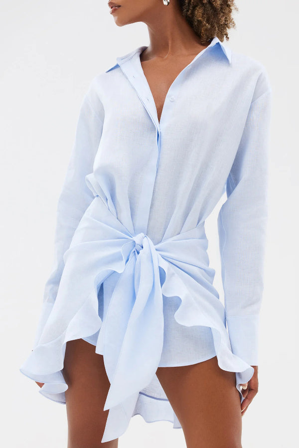 Solid Color Collared Long-sleeved Casual Shirt Style Lace Up Vacation Mini Dress