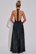 Glitter Halter Choker Deep V-Neck Ruched Waist High Split Maxi Dress