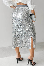 Solid Sequin High Waist Midi Skirt