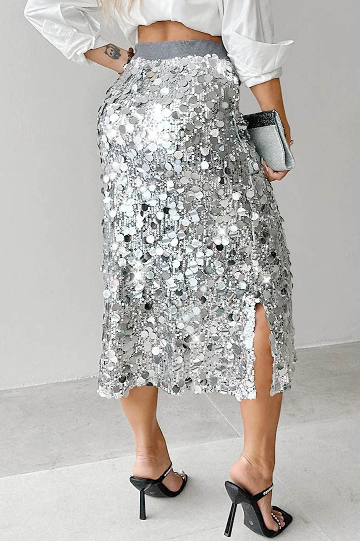 Solid Sequin High Waist Midi Skirt