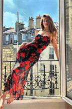 Floral Spaghetti Strap Square Neck Sheer Hem Bodycon Maxi Dress
