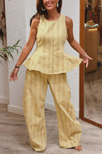 City Outfit Striped Peplum Hem Top and Elastic Waist Pocket Wide Leg Pants Set