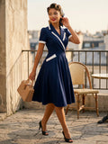 Contrast Trim Lapel Collar Double Pocket A Line Retro Tea Dress For Women 2026