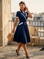 Contrast Trim Lapel Collar Double Pocket A Line Retro Tea Dress For Women 2026