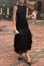 Sleeveless Crew Neck Tiered Fringed Hem Maxi Dress
